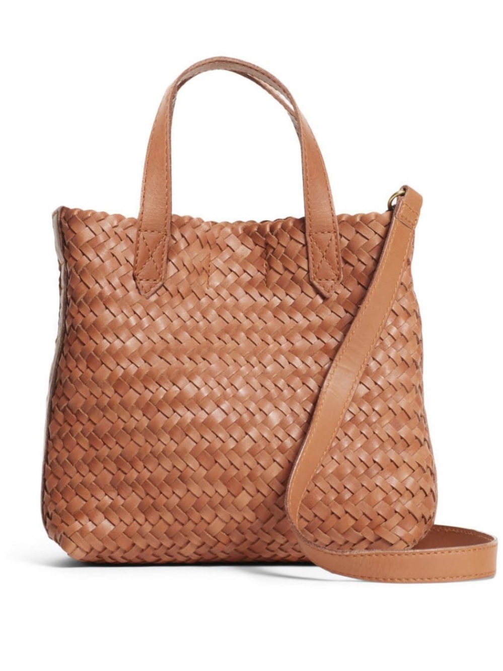 Madewell Small Transport Woven Leather Crossbody Tote Cognac